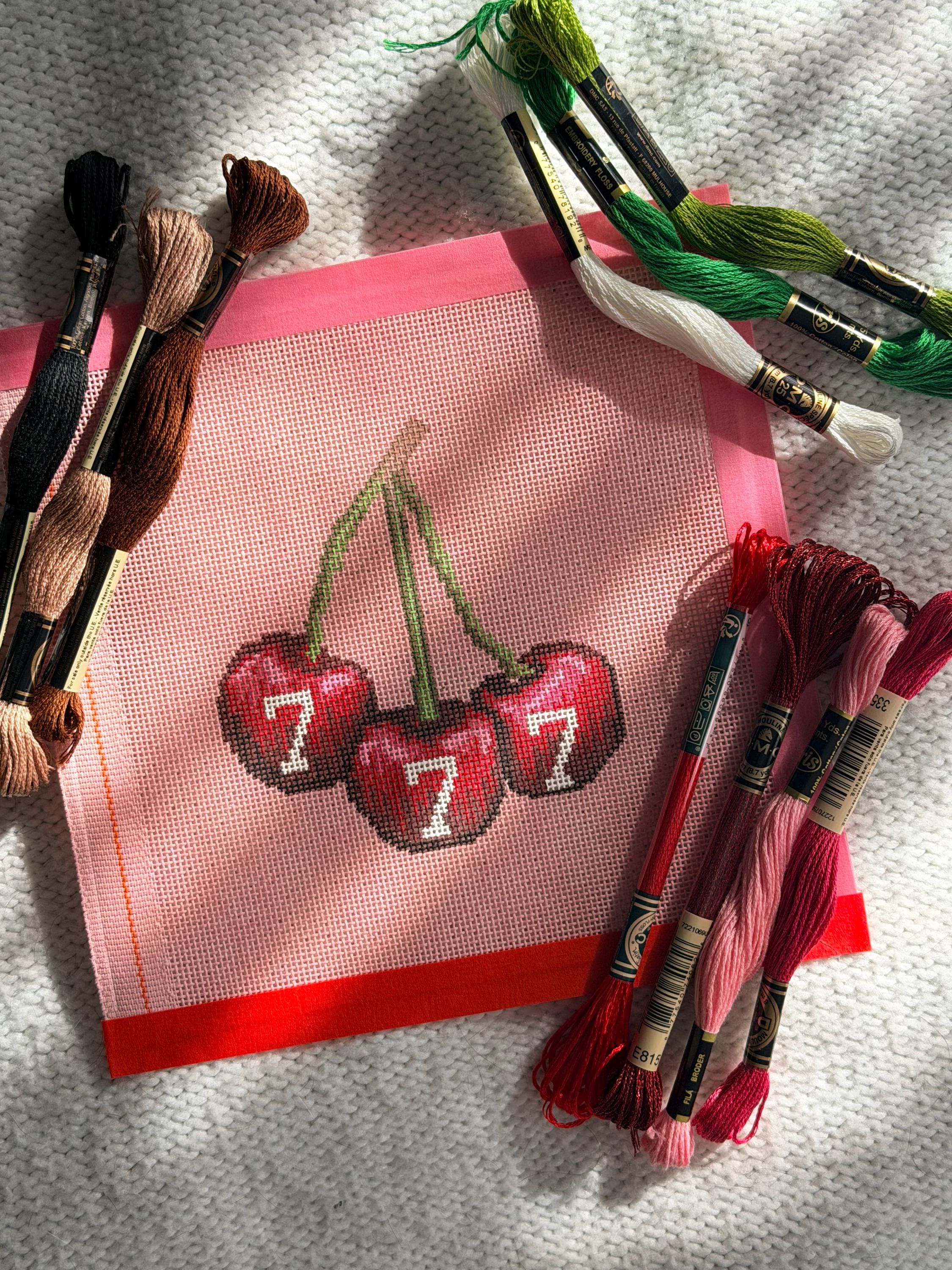 Lucky Cherries 777 HandPainted Needlepoint Canvas on pink 18 mesh - 5 Inch Design