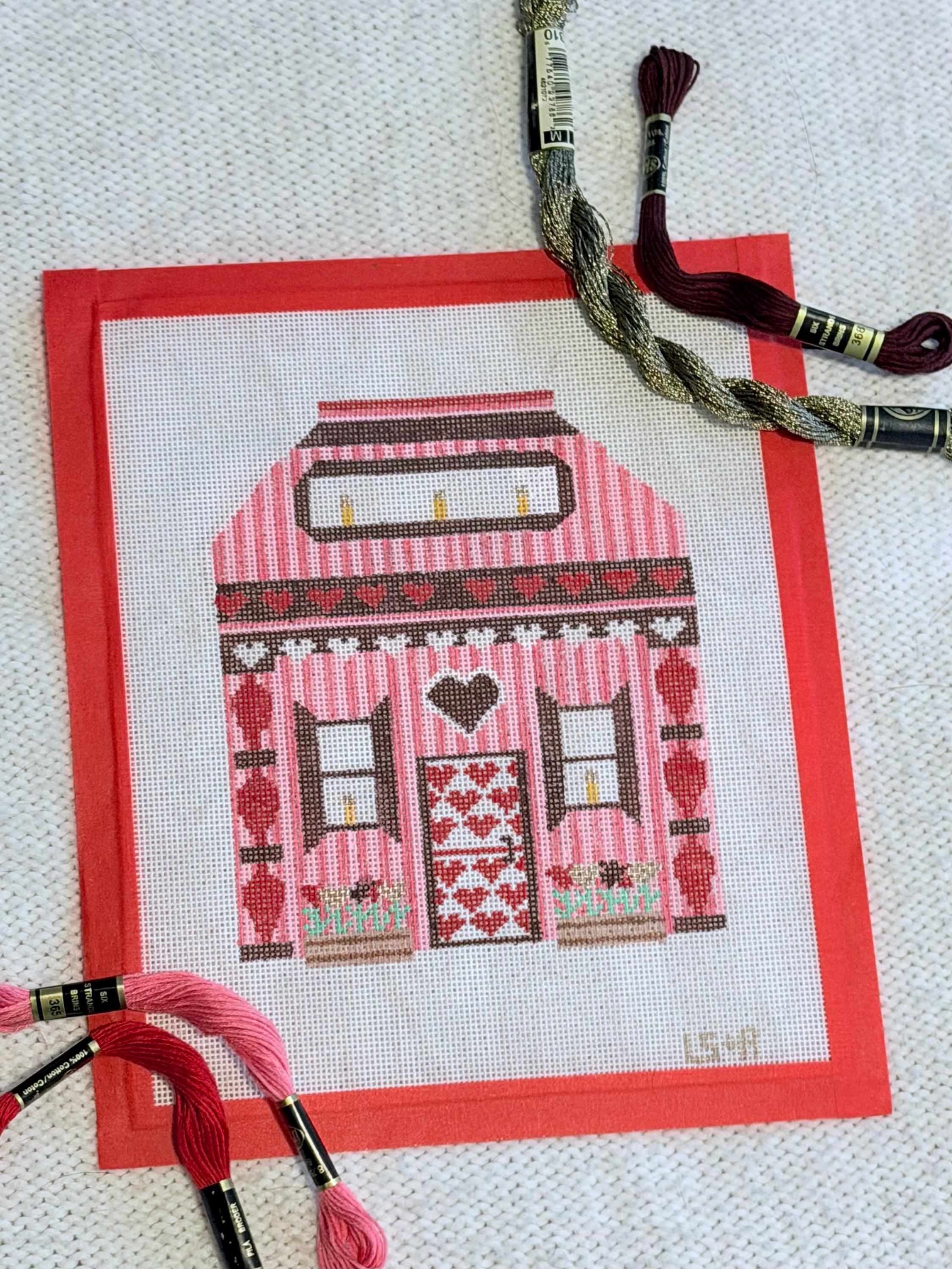 Valentine’s Cottage 18 Mesh Hand Painted Needlepoint Canvas // Valentines Day Themed Holiday Village // Hearts Cottage House Needlepoint