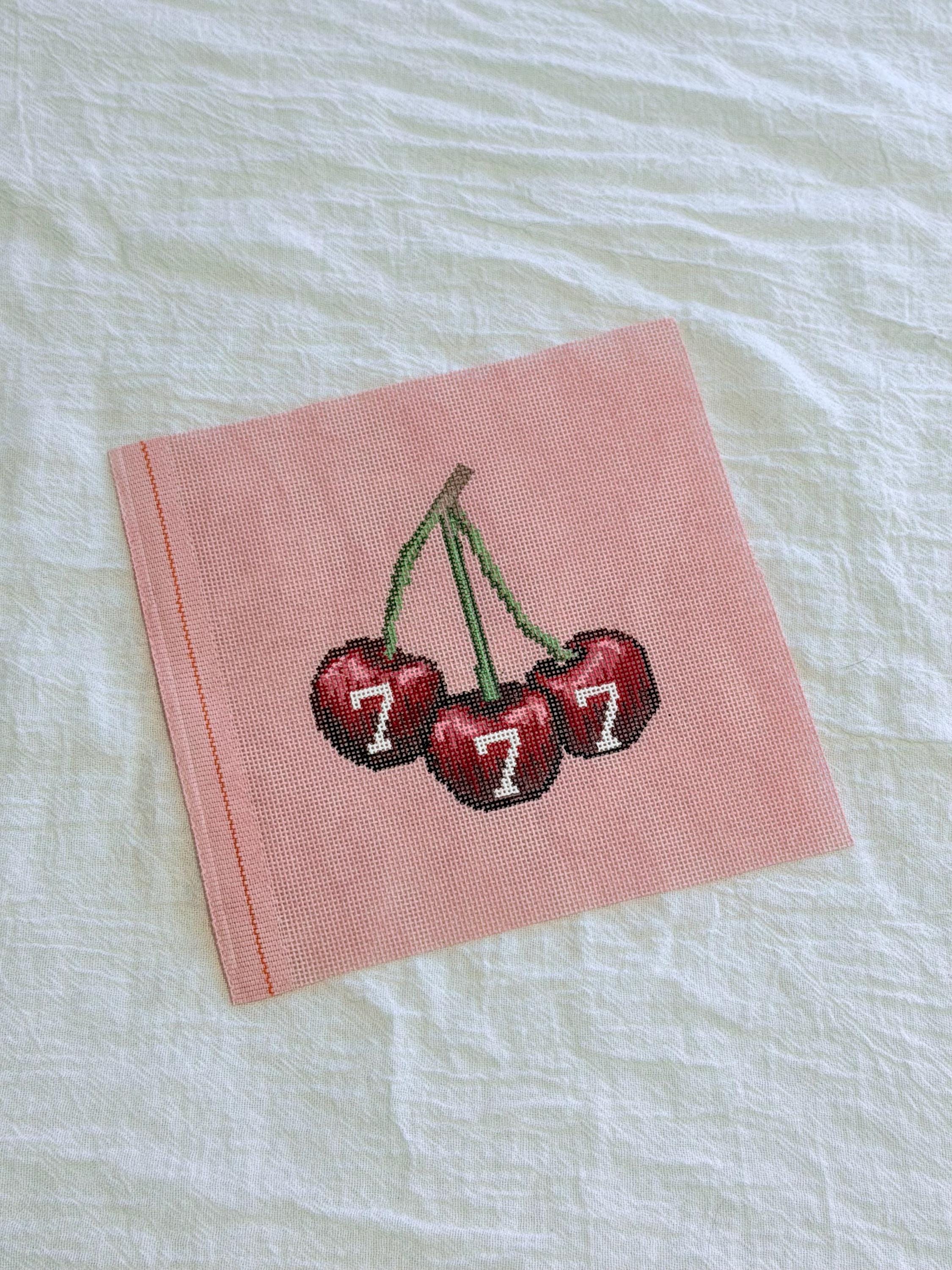 Lucky Cherries 777 HandPainted Needlepoint Canvas on pink 18 mesh - 5 Inch Design