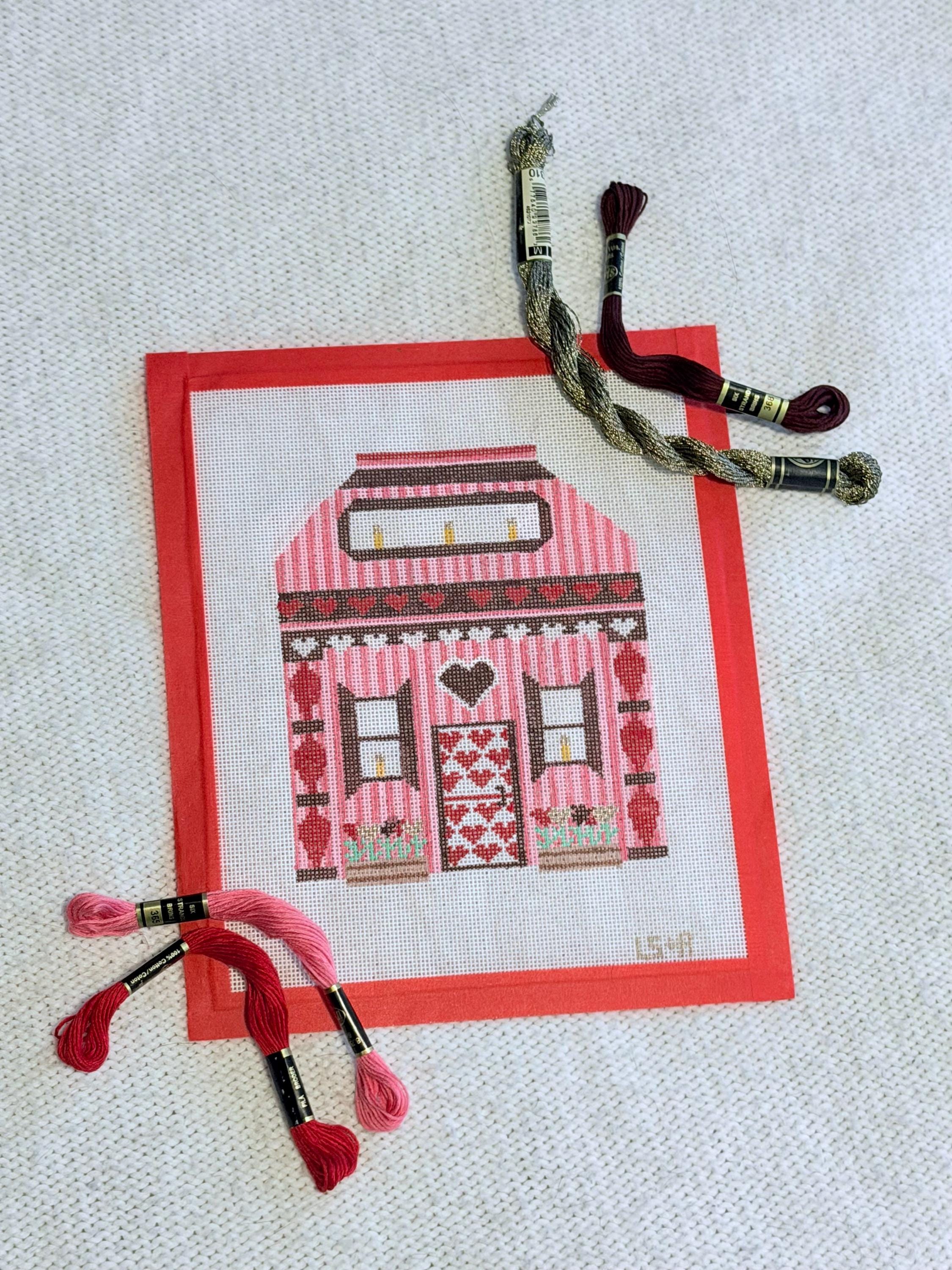 Valentine’s Cottage 18 Mesh Hand Painted Needlepoint Canvas // Valentines Day Themed Holiday Village // Hearts Cottage House Needlepoint