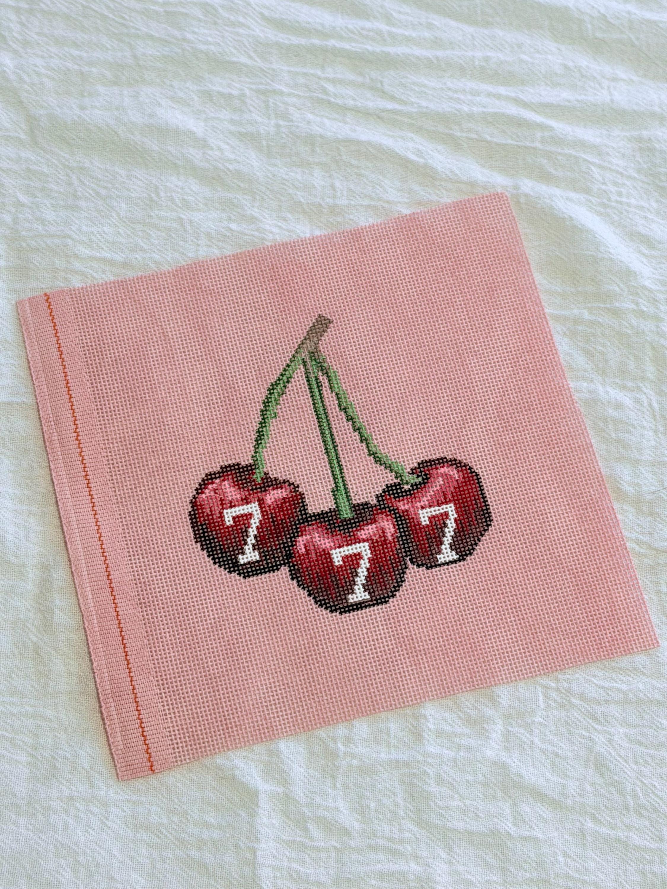 Lucky Cherries 777 HandPainted Needlepoint Canvas on pink 18 mesh - 5 Inch Design