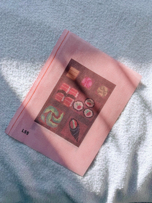 Bento Box Needlepoint Canvas | Handpainted Sushi, Edamame, Wasabi Design
