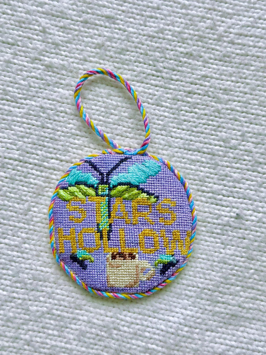 Stars Hollow Dragonfly and Coffee Cup Hand painted Needlepoint Canvas on 18 Mesh - Gilmore Girls inspired Needlepoint