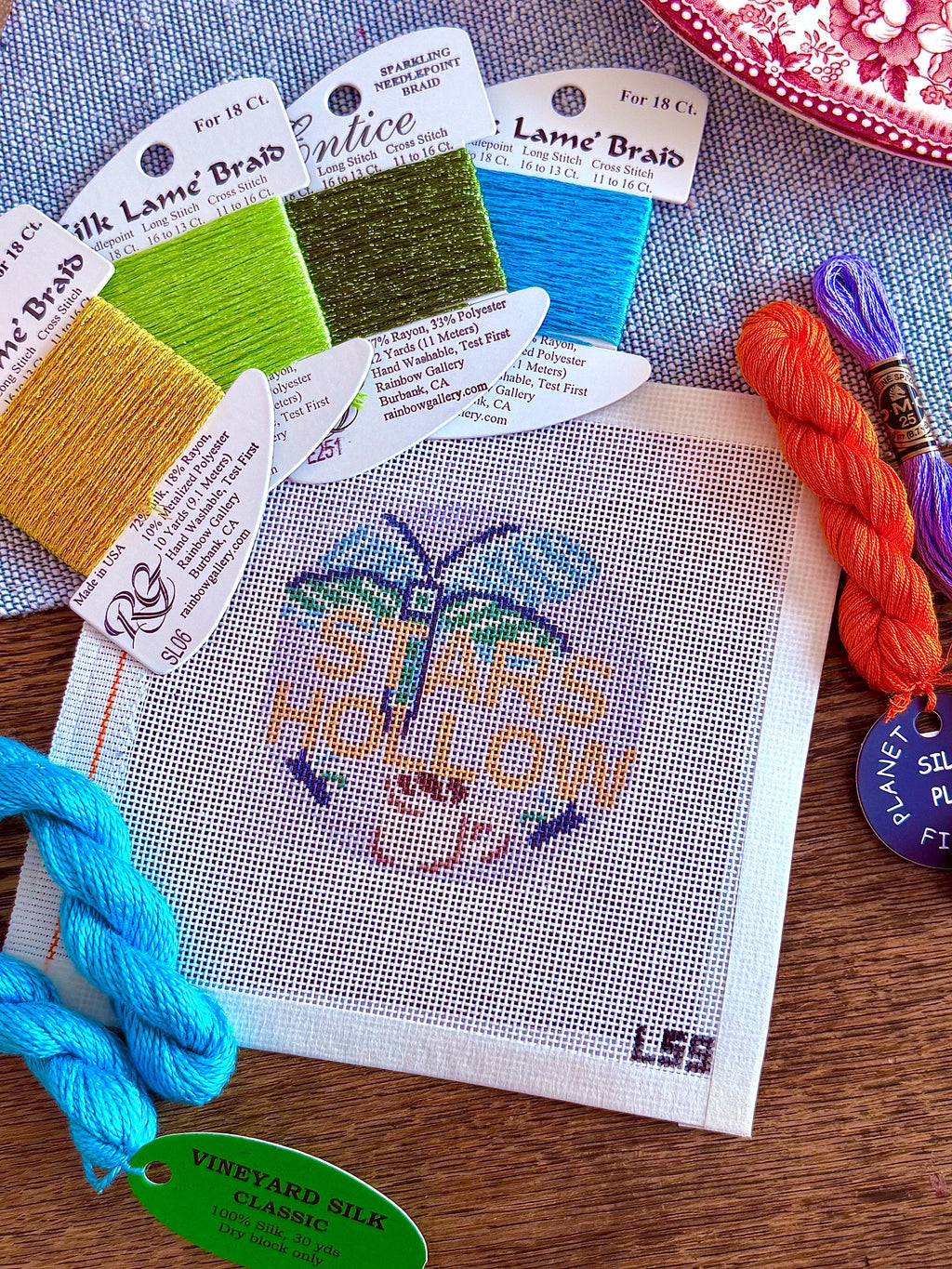 Stars Hollow Dragonfly and Coffee Cup Hand painted Needlepoint Canvas on 18 Mesh - Gilmore Girls inspired Needlepoint